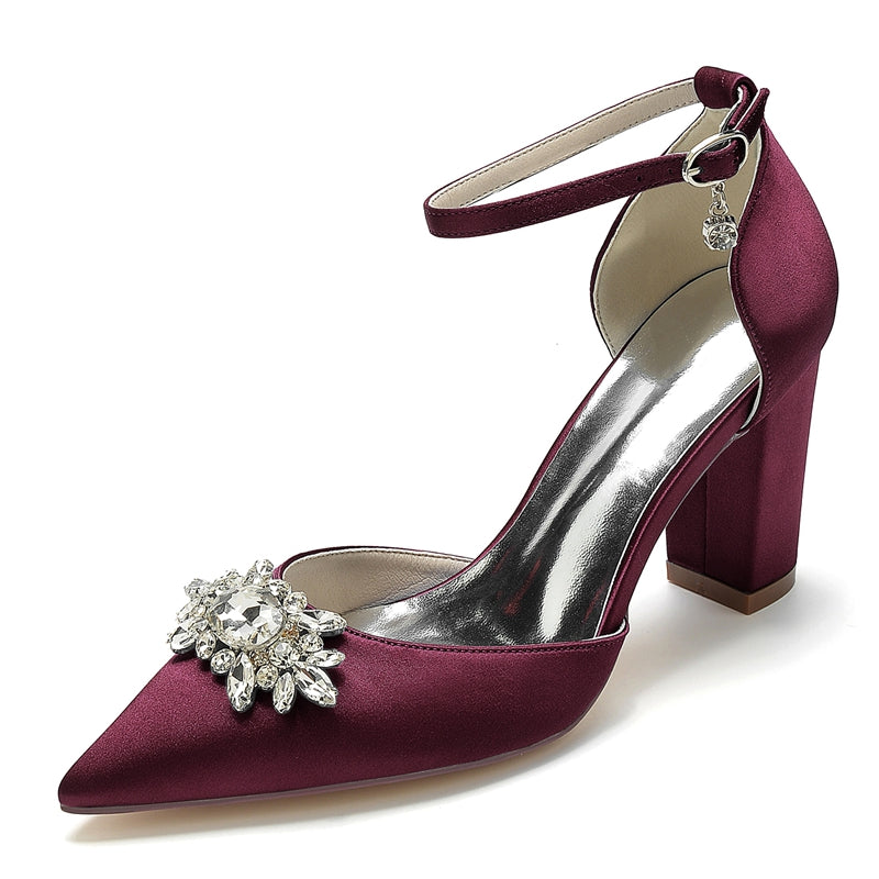 Women's Wedding Shoes Chunky Heel Pointed Toe Sparkling Rhinestone Buckle Bridal Shoes - Image 9