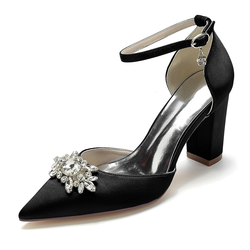 Women's Wedding Shoes Chunky Heel Pointed Toe Sparkling Rhinestone Buckle Bridal Shoes - Image 12