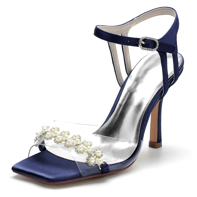 Women's Wedding Shoes High Heel Opened Toe Transparent Straps Bridal Shoes with Delicate Pearl - Image 7
