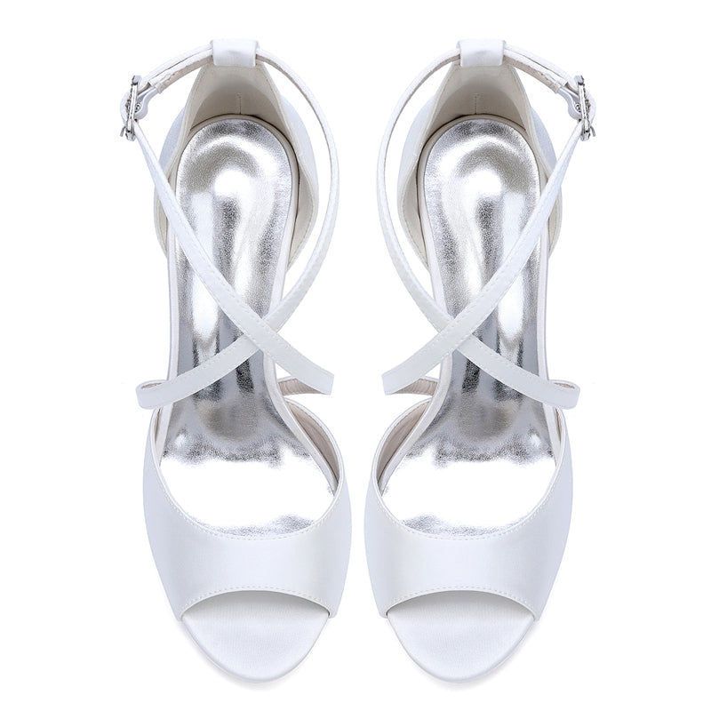 Women's Wedding Shoes Peep Toe High Heel Crossed Straps Bridal Shoes - Image 5