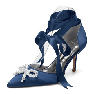 Women's Wedding Shoes High Heel Pointed Toe Ankle Straps Bridal Shoes with Fancy Pearl & Bowknot