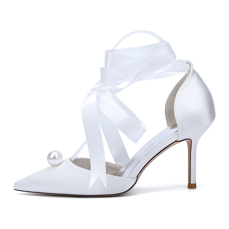 Women's Wedding Shoes Stiletto Heel Pointed Toe Ankle Straps Bridal Shoes with Pearl - Image 3