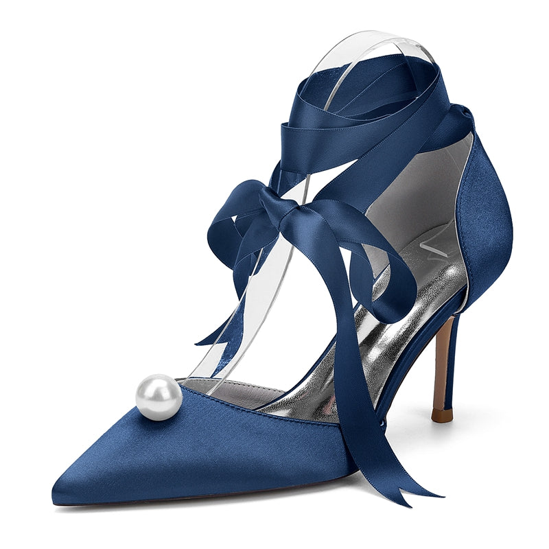 Women's Wedding Shoes Stiletto Heel Pointed Toe Ankle Straps Bridal Shoes with Pearl - Image 7