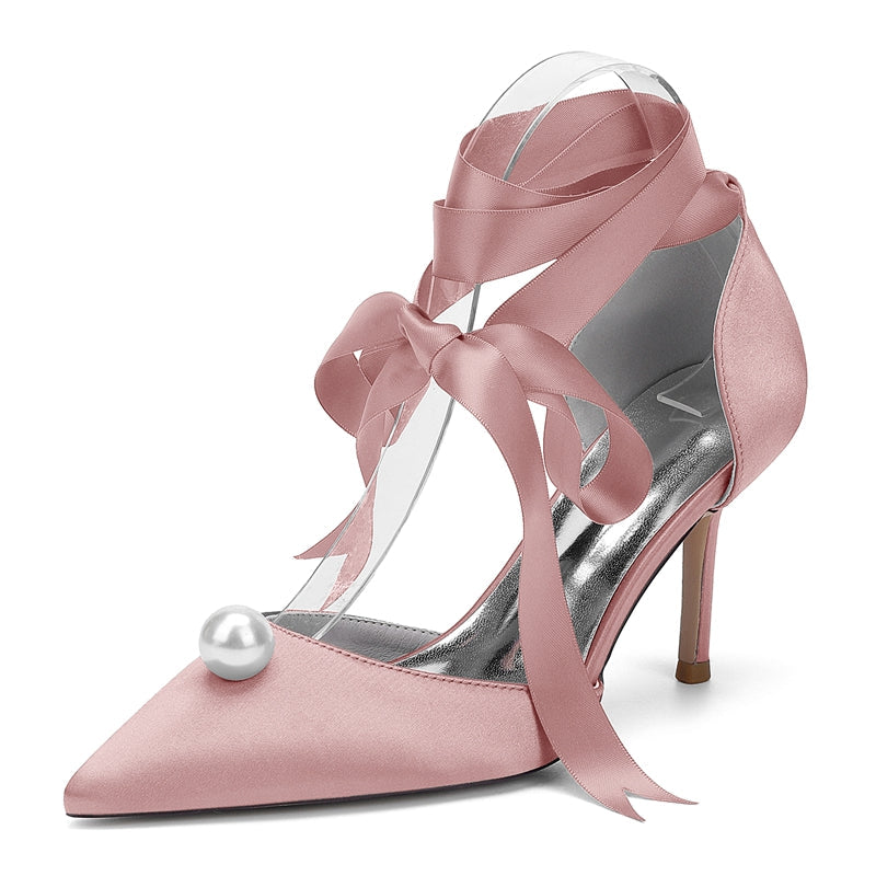 Women's Wedding Shoes Stiletto Heel Pointed Toe Ankle Straps Bridal Shoes with Pearl