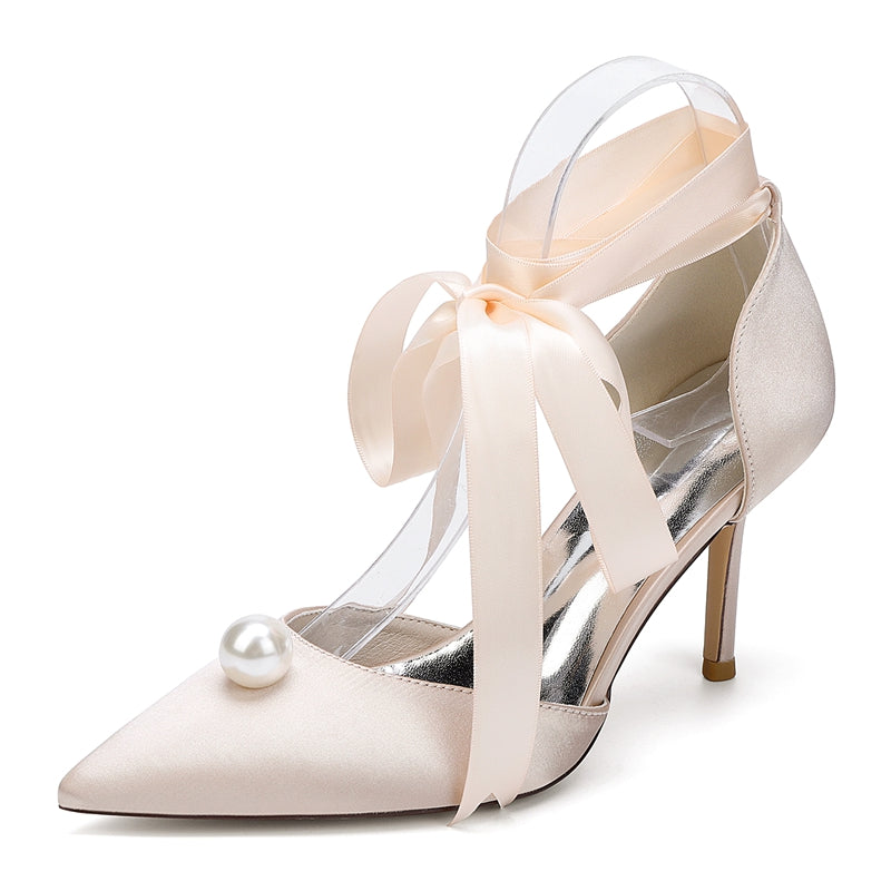 Women's Wedding Shoes Stiletto Heel Pointed Toe Ankle Straps Bridal Shoes with Pearl - Image 12