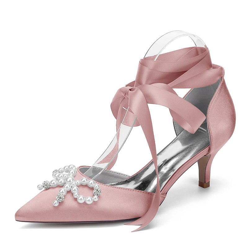 Women's Wedding Shoes Mid Heel Closed Toe Ankle Straps Bridal Shoes with Pearls & Rhinestones Bowknot - Image 9