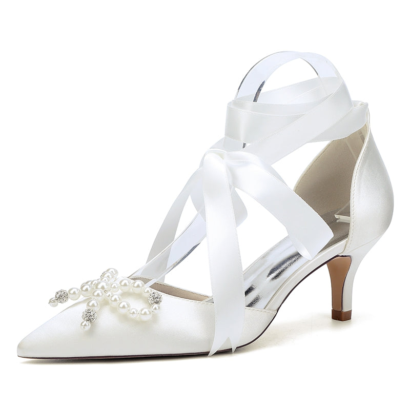 Women's Wedding Shoes Mid Heel Closed Toe Ankle Straps Bridal Shoes with Pearls & Rhinestones Bowknot - Image 10