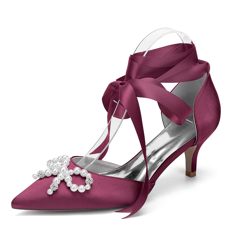 Women's Wedding Shoes Mid Heel Closed Toe Ankle Straps Bridal Shoes with Pearls & Rhinestones Bowknot - Image 11