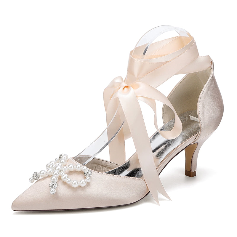 Women's Wedding Shoes Mid Heel Closed Toe Ankle Straps Bridal Shoes with Pearls & Rhinestones Bowknot - Image 13