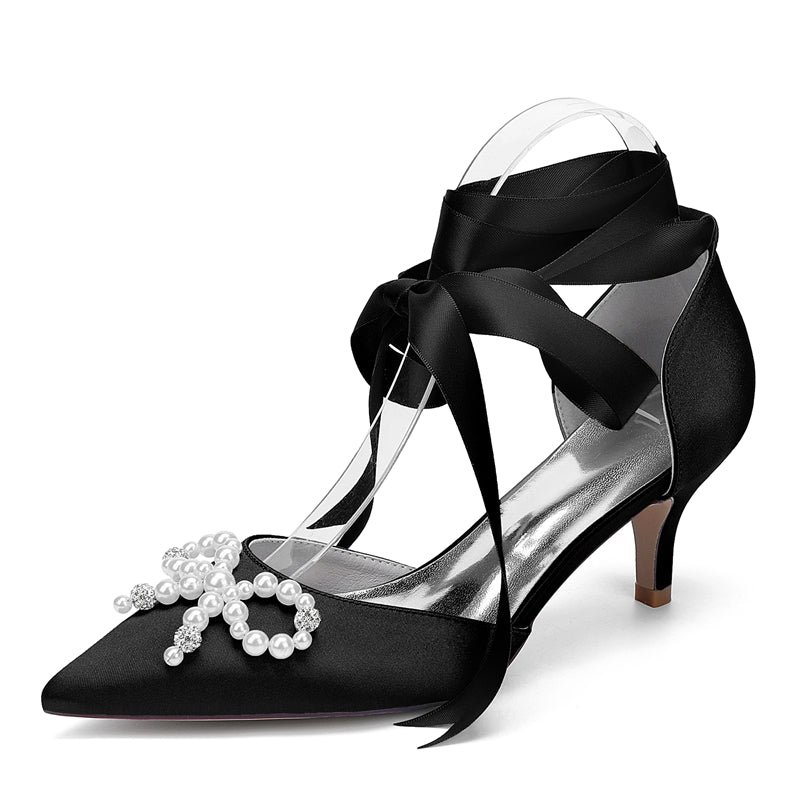 Women's Wedding Shoes Mid Heel Closed Toe Ankle Straps Bridal Shoes with Pearls & Rhinestones Bowknot