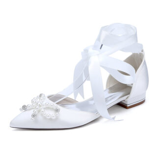 Women's Wedding Shoes Low Heel Pointed Toe Ankle Straps Bridal Shoes with Pearls & Rhinestones Bowknot