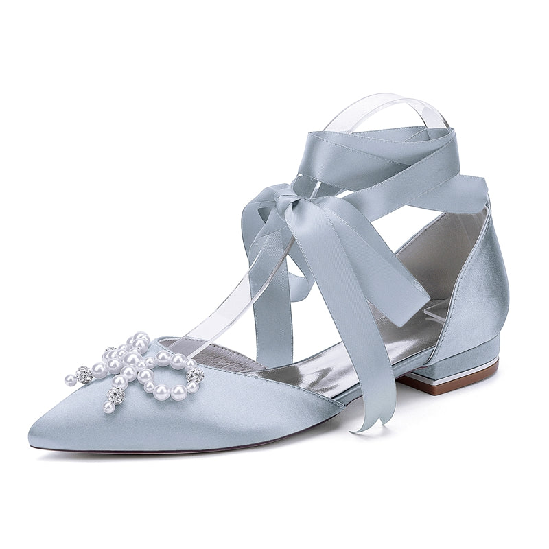 Women's Wedding Shoes Low Heel Pointed Toe Ankle Straps Bridal Shoes with Pearls & Rhinestones Bowknot - Image 11
