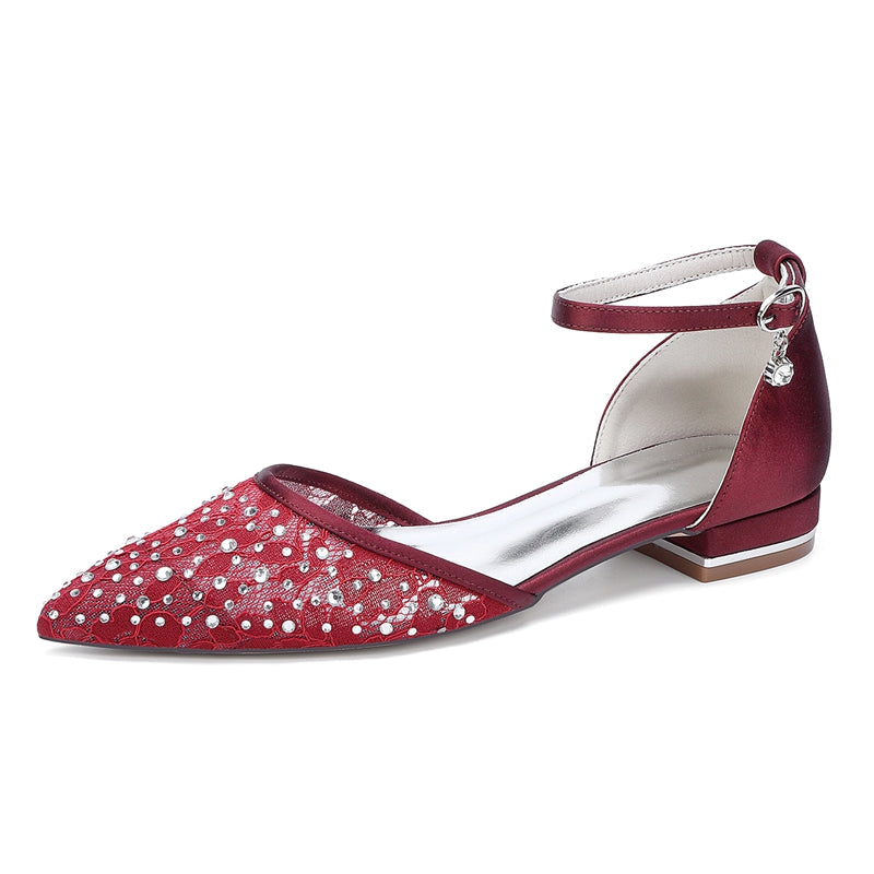 Women's Wedding Shoes Lace Pointed Toe Low Heel Buckle Bridal Shoes with Crystals