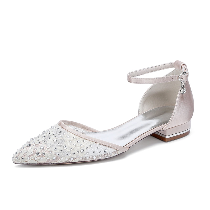 Women's Wedding Shoes Lace Pointed Toe Low Heel Buckle Bridal Shoes with Crystals - Image 8