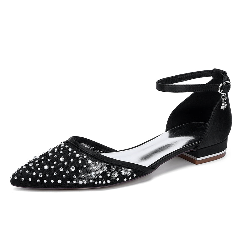 Women's Wedding Shoes Lace Pointed Toe Low Heel Buckle Bridal Shoes with Crystals - Image 9