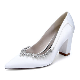 Women's Wedding Shoes Block Heel Pointed Toe Simple Bridal Shoes with Rhinestones