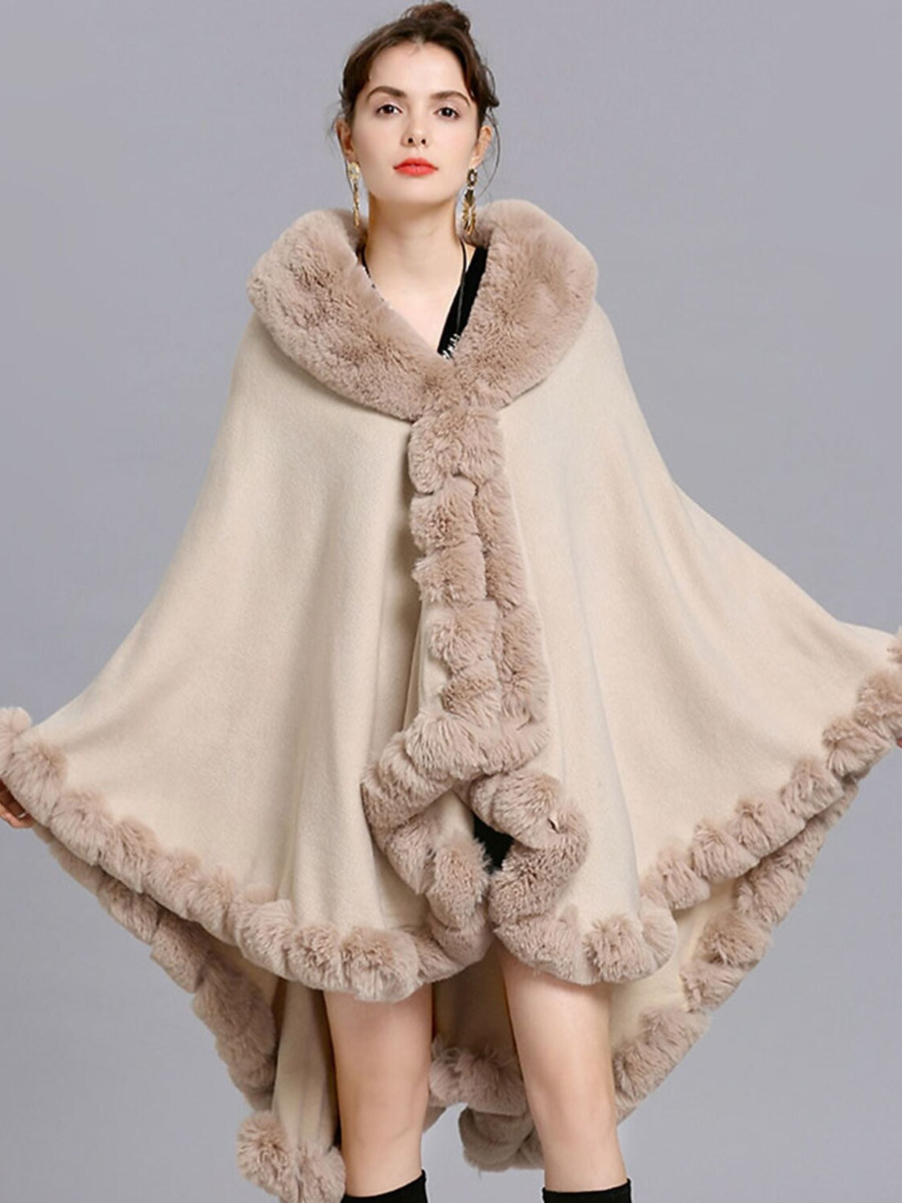 Women‘s White Fashionable Faux Fur Long Sleeves Wrap Cloak with Pure Color - Image 6