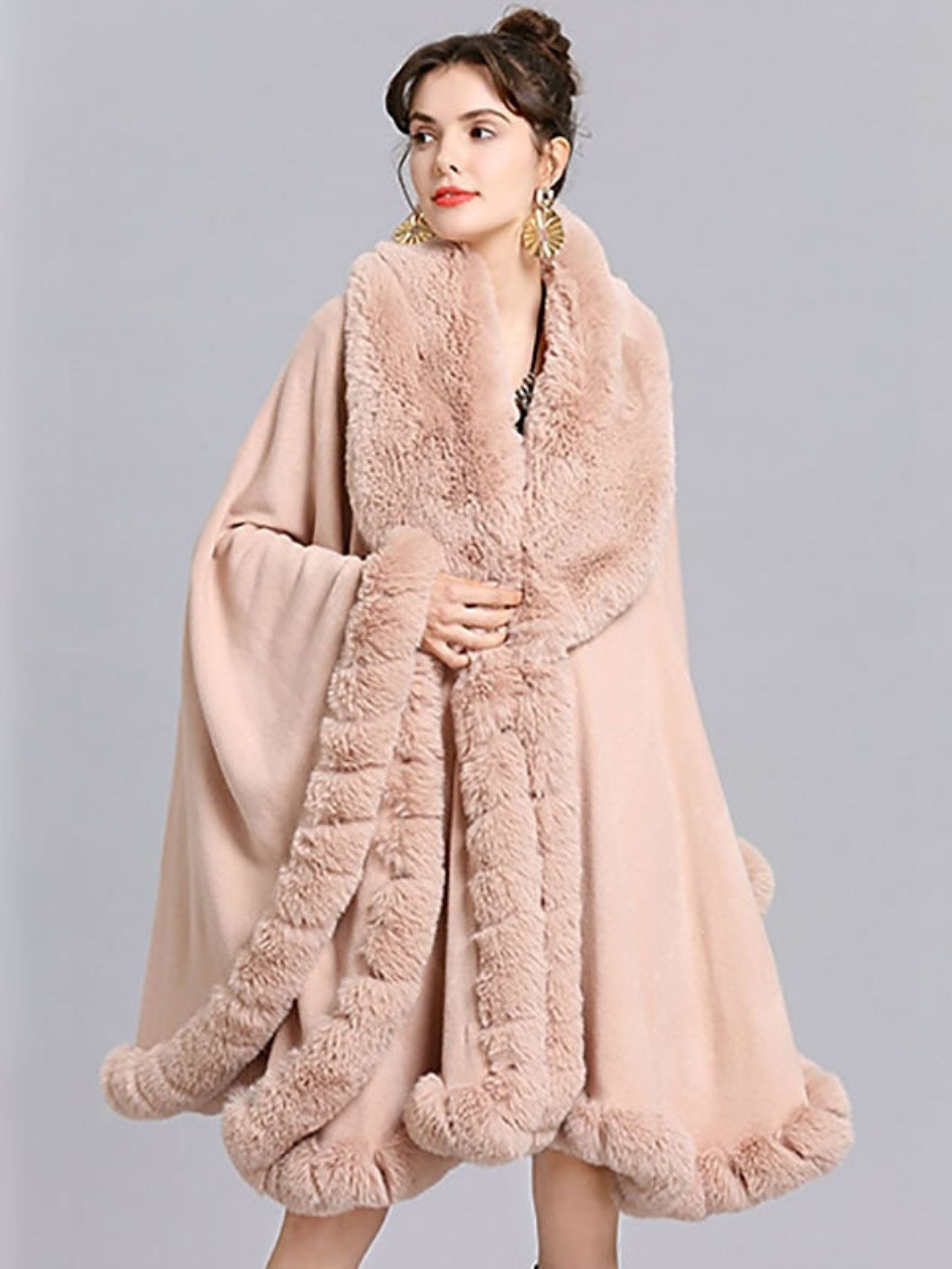 Women‘s White Fashionable Faux Fur Long Sleeves Wrap Cloak with Pure Color - Image 13