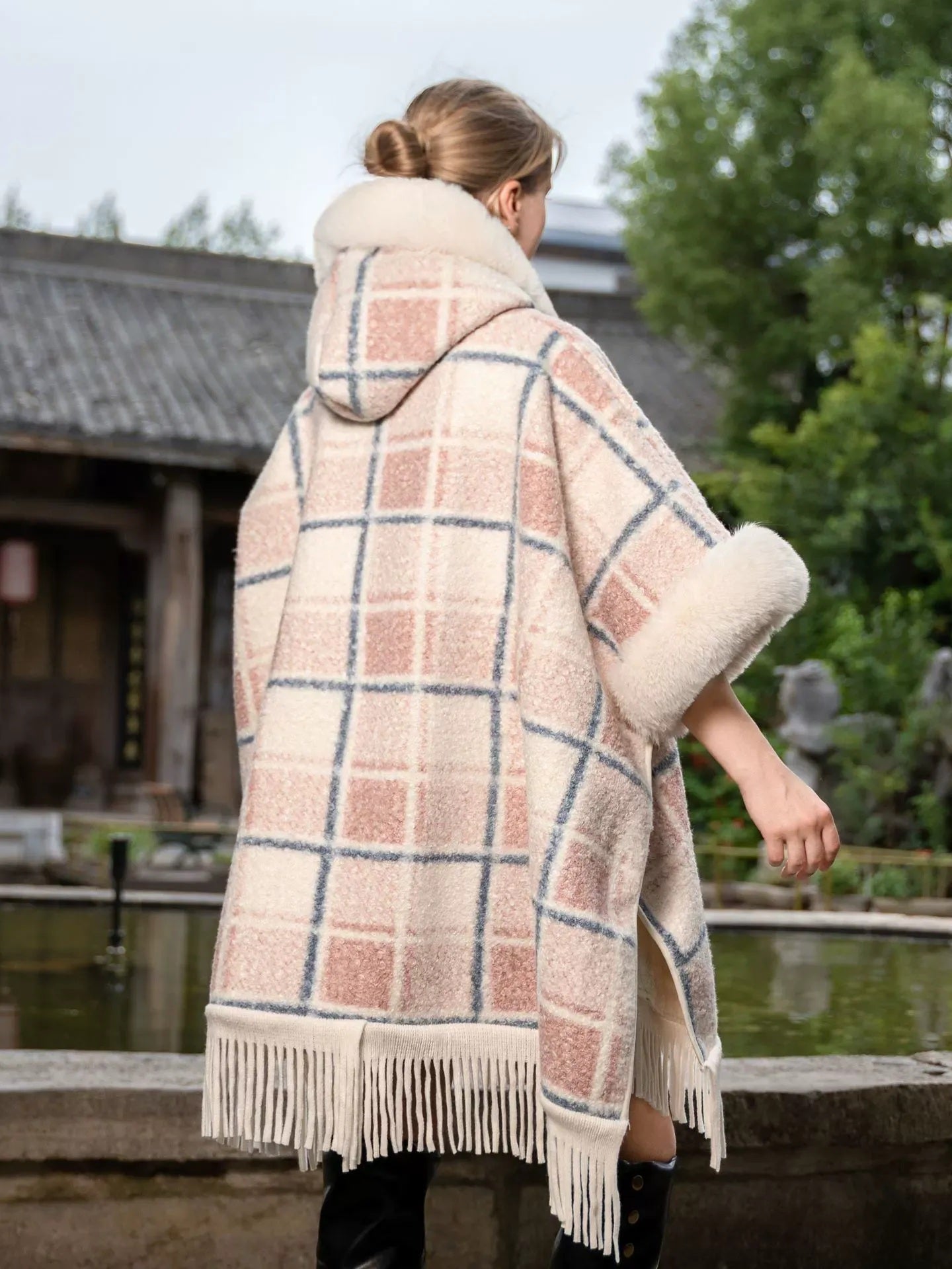 Women’s Winter Plaid Warm Knit Fleece Cape Shawl/Wrap with Tassels - Image 2
