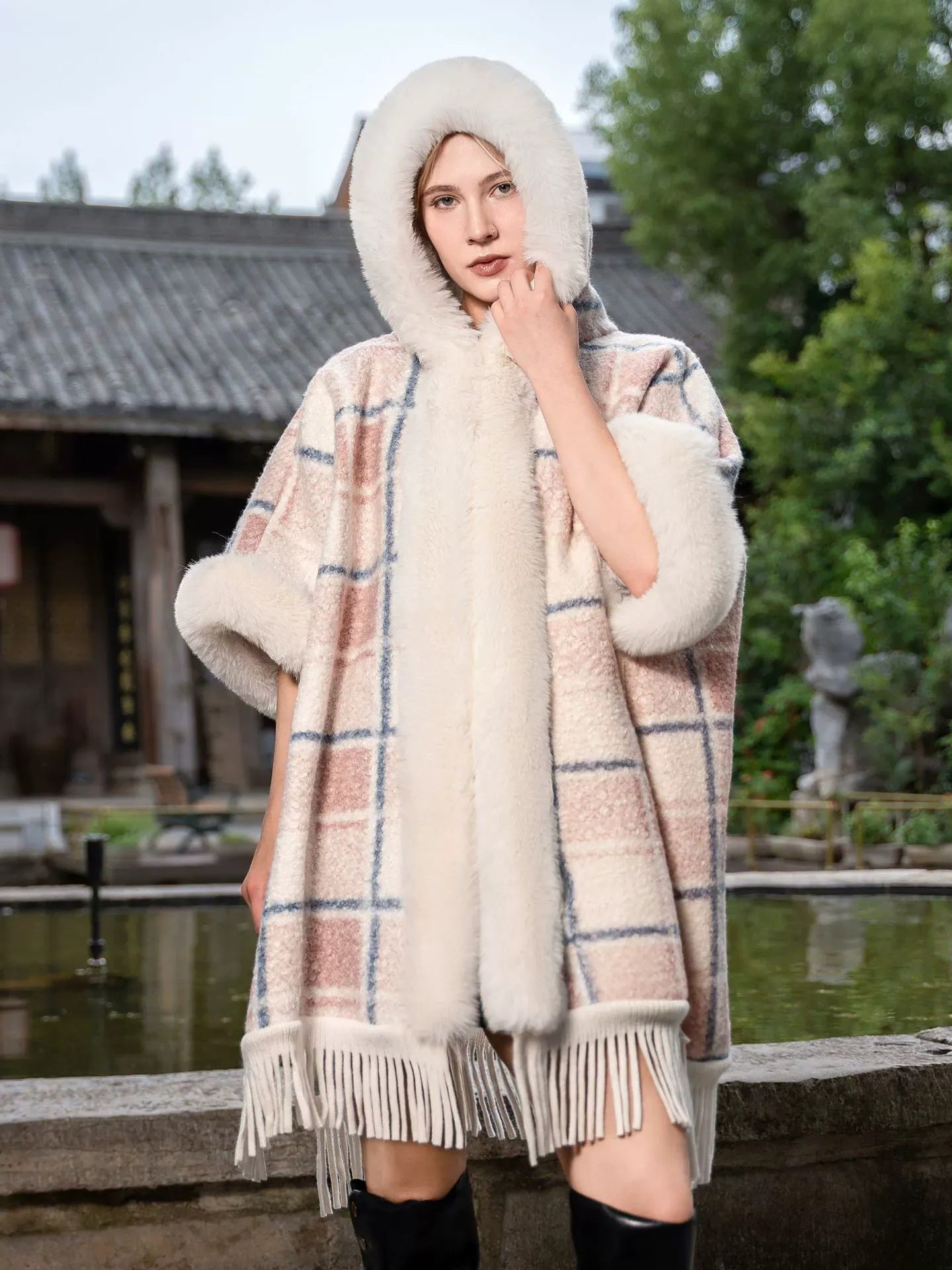 Women’s Winter Plaid Warm Knit Fleece Cape Shawl/Wrap with Tassels - Image 3
