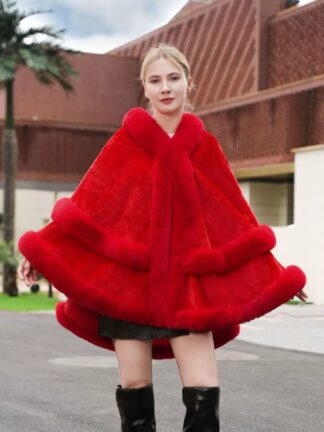 Women’s Winter Solid Color Faux Fur Red Cape Shawl/Wrap
