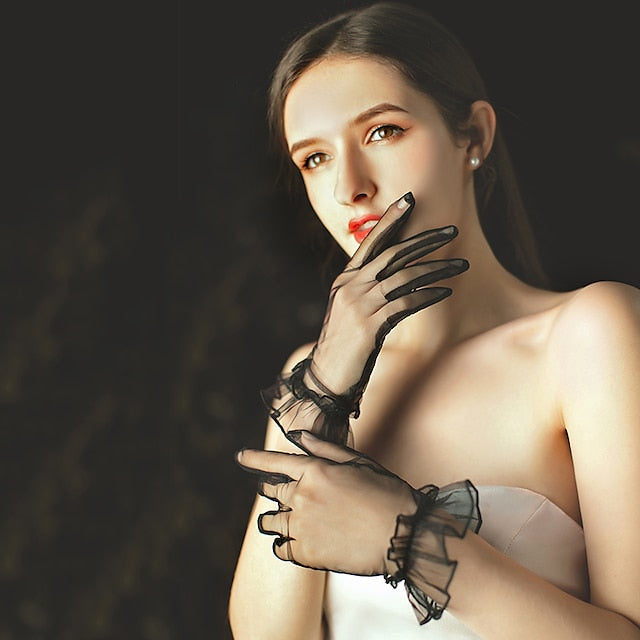 Net Wrist Length Glove /Lace With Ruffles /Wedding /Party Glove - Image 3
