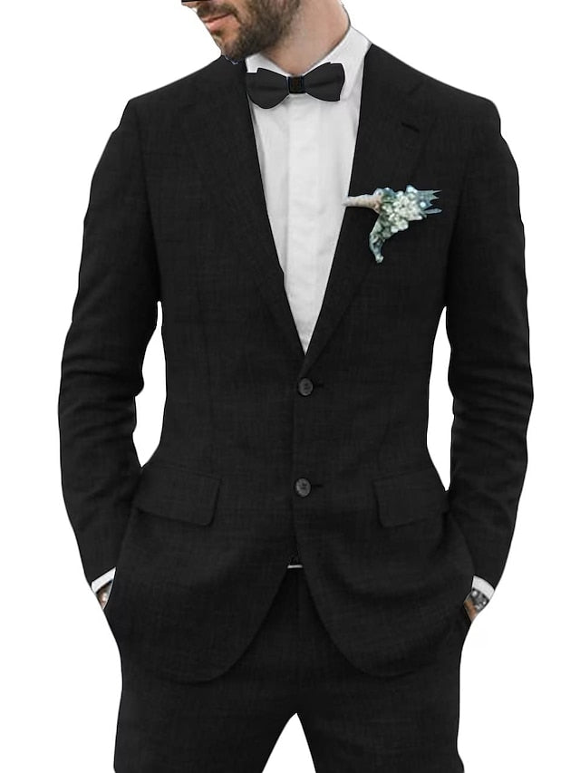 Men's Tailored Fit Single Breasted Two-buttons 2 Pieces Solid Colored Linen Suits - Image 6